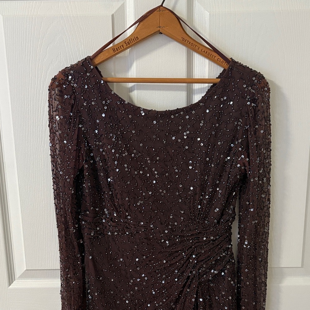 Elegant Women's Long Sleeve Sequin Dress - Dark Brown
